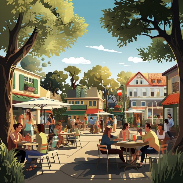 California forever city courtyard illustration