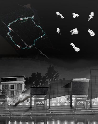 Board showing visualisation and diagrams of urban scheme