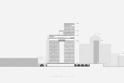 Section drawing of two towers joined in a ziggurat arrangement