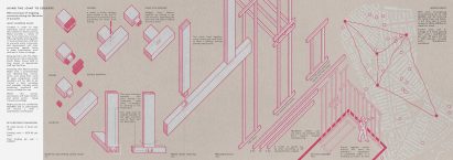 Board showing technical drawings and descriptive text of a housing scheme