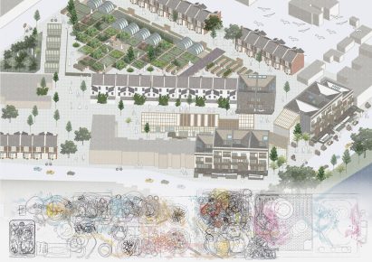 Illustration of communal kitchens, markets, courtyards and verandas within a city