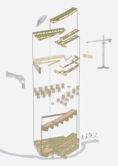 Exploded architectural drawing of a industrial and recreational building