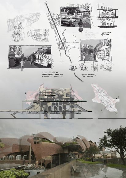 Board showing sketches, diagrammes, technical drawings and visualisations of urban strategy and public transport infrastructure