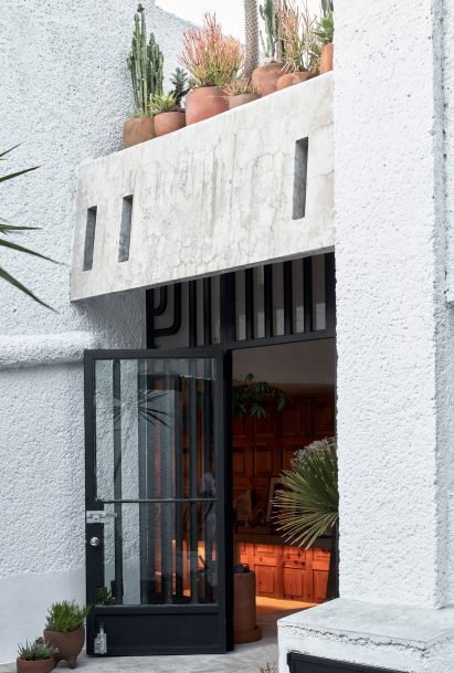 The entrance to a house with a gate door