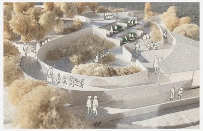 Visualisation showing multi-level outdoor space in use by children and adults