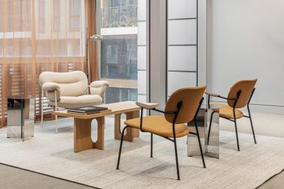 Seating area in fintech office by Universal Design Studio
