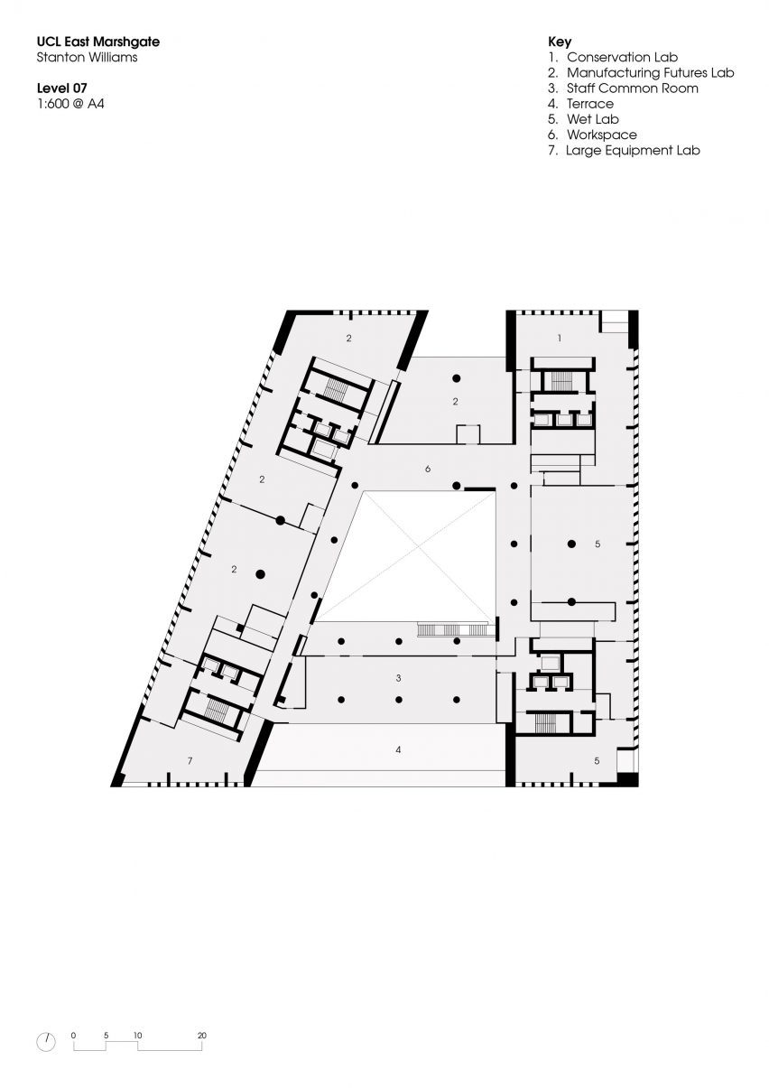 Seventh floor plan of UCL East Marshgate by Stanton Williams