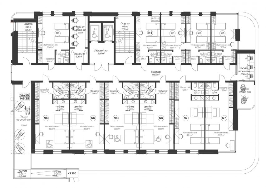 Proposed upper floor plan of the Ronald McDonald House in Ukraine by Zikzak Architects