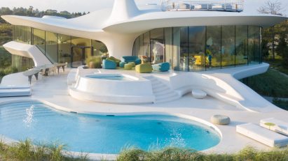 Whit modernist house with swimming pools in sand dune