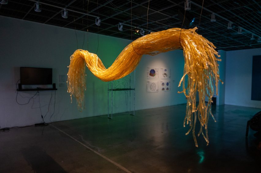A sculpture made of strips of plastic