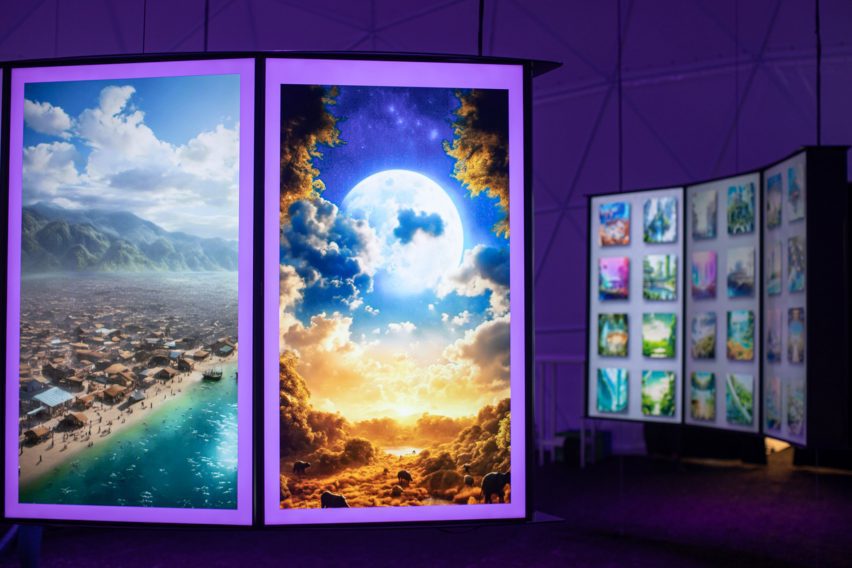 A large screen featuring AI renderings of an idealized future