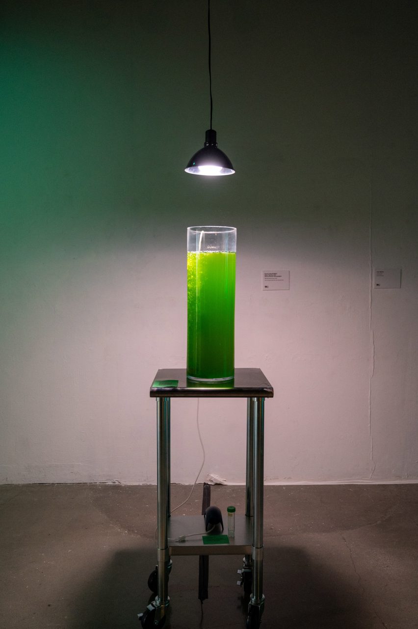 A beaker of bright green liquid underneath a lamp