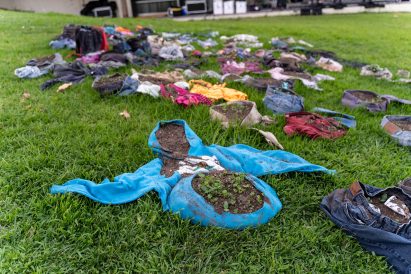 Clothes that are planted with small beds of grass and flowers