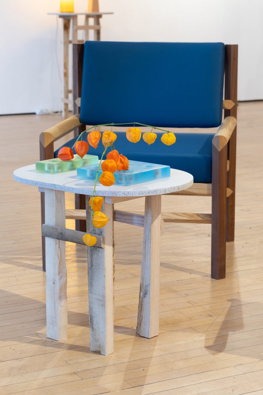 A Martino Gamper chair alongside a table by