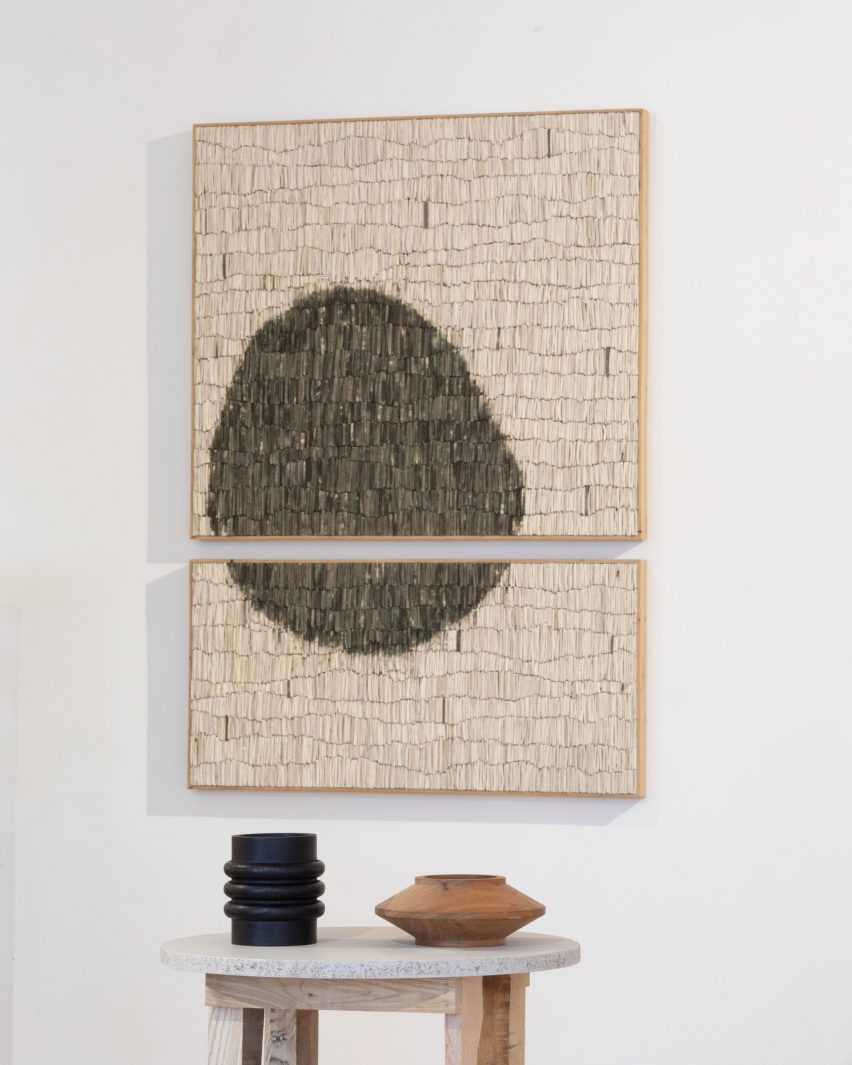 Untitled Ceramic tiles by Carl Koch with Black bracelet and white bracelet by Simone Brewster