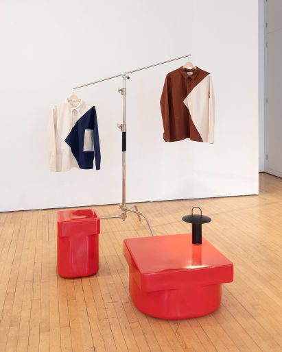 Smock 01 by Addison Soeder behind Landmark Coffee Table and Side Table with Ray Lamp by Daniel Schofield