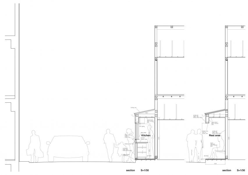Section drawing of a coffee kiosk by G Architects Studio