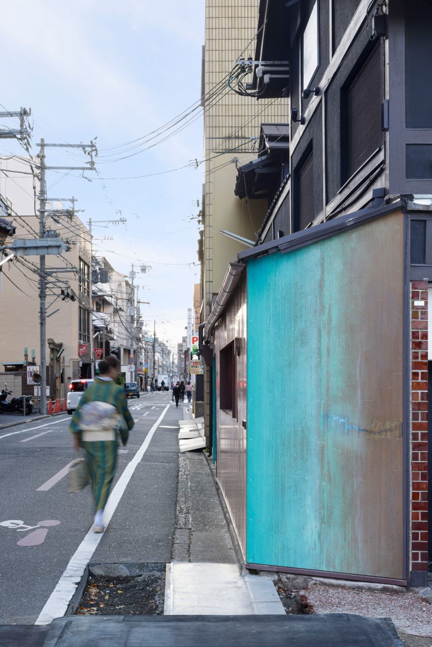 Blue oxidised copper kiosk by G Architects Studio