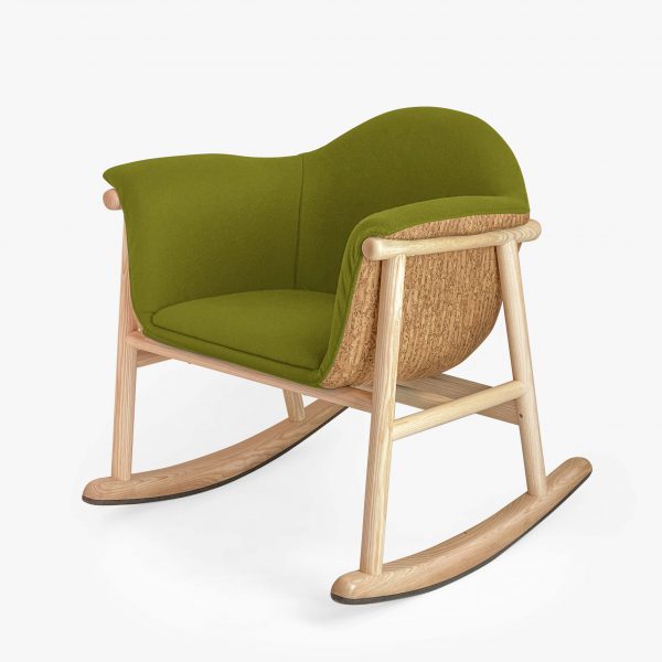 Green-upholstered wooden rocking chair