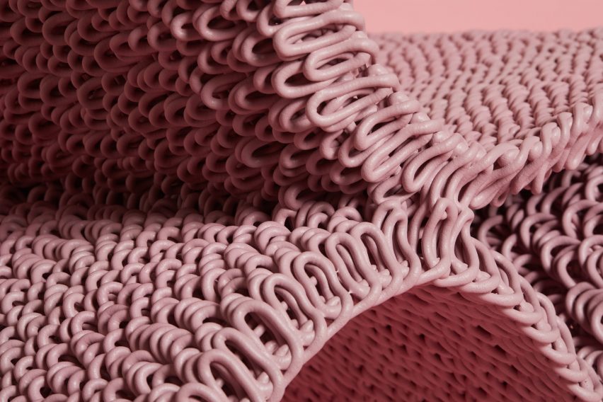 Close-up photo of a detail of the Loopy chair by Gareth Neal and the New Raw, showing looped pattern to the plastic construction