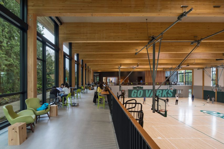 Walkway overlooking an indoor gymnasium
