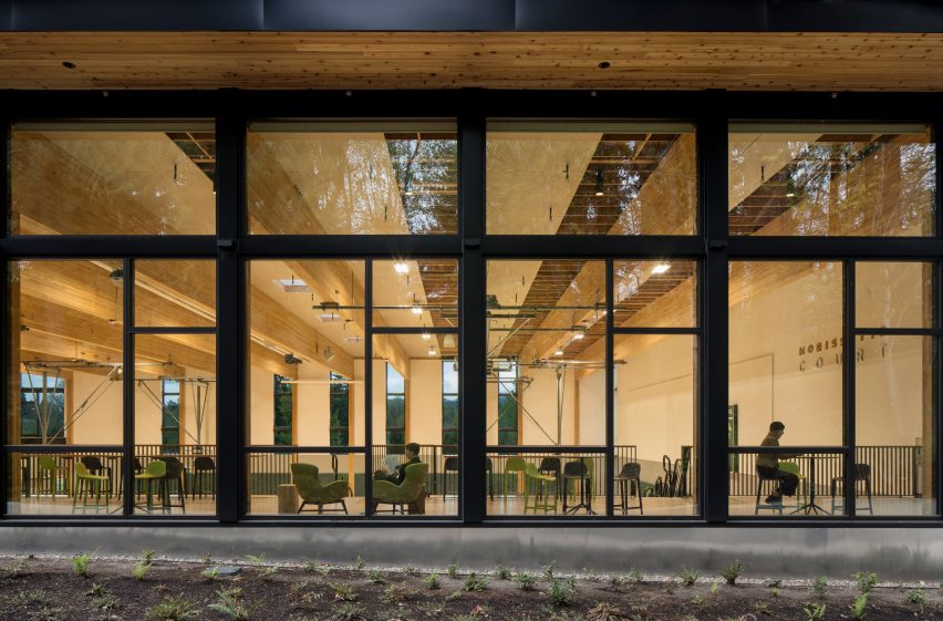 Glazed facade looking into study spaces at Oregon Episcopal School Athletic Center by Hacker Architects