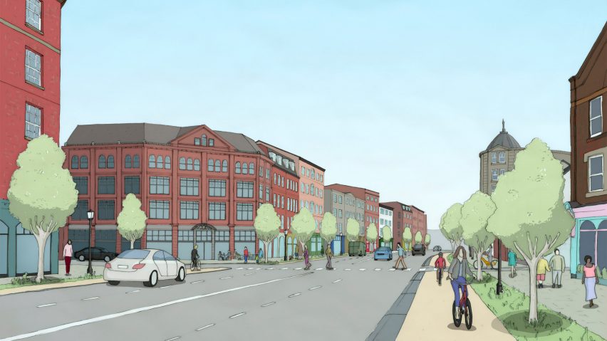 Illustration of proposed transformation to a road in Rochdale by Create Streets