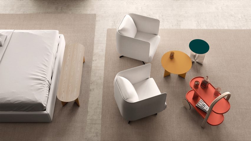 Croma tables and trolley by Lagranja Design for Systemtronic in a bedroom
