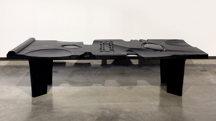 Interplay bench for playing Oware by Giles Nartey at Powershift exhibition by Poor Collective at London Design Festival 2023