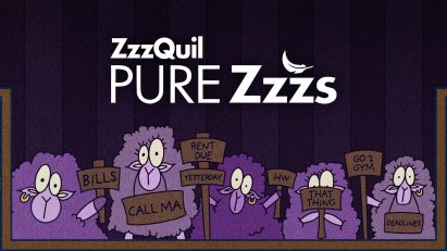 Purple graphic with sheep