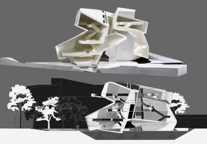 Architectural section model and drawing of a building that explores the relationship between different spaces within and around the building