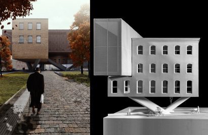 Visualisation and architectural model of a new structure that is integrated into an existing building