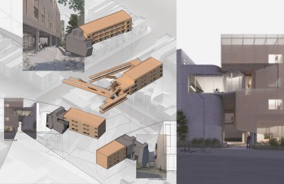 Diagram and rendering of structures that contain shared social spaces