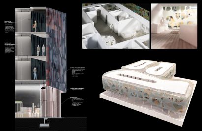 Board showing architectural model, rendering and descriptive text of a mixed-use building that was inspired by a kaleidoscope