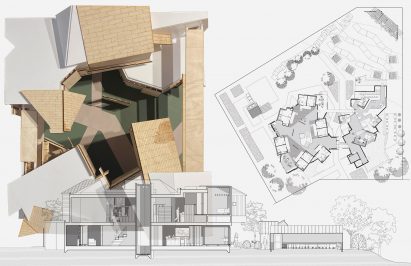 Board showing architectural drawings and rendering of a co-housing scheme