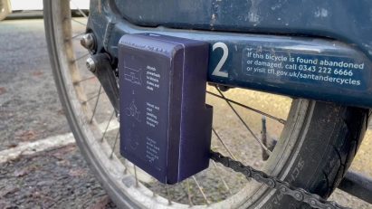 MyPowerbank by Luke Talbot attached to the frame of a Santander bike