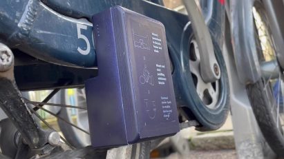 MyPowerbank by Luke Talbot attached to the frame of a Santander bike