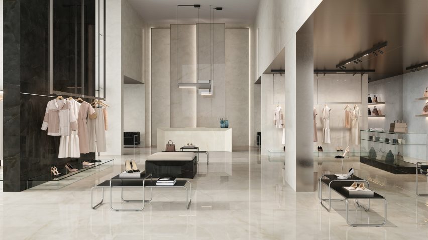 Black and white Marvel Onyx surfaces by Atlas Concorde in a clothing showroom