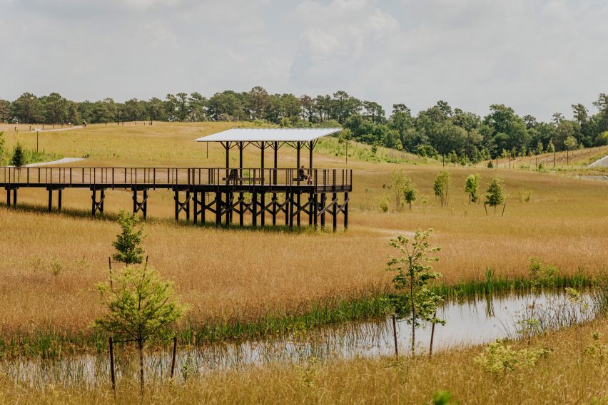 A viewing platform overlooking a prairie landscape