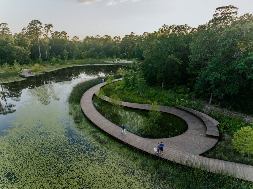 Curving pathways surrounding a lake