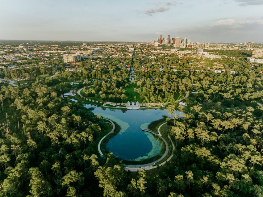 Curving pathways surrounding a lake