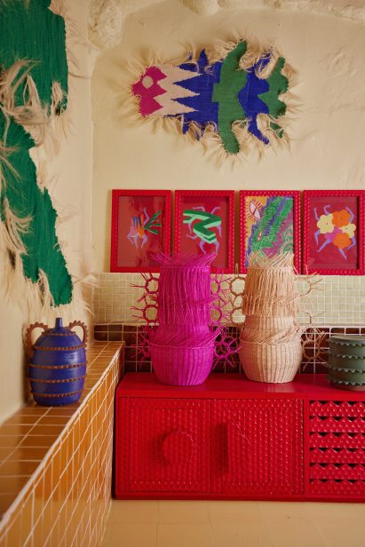 Items displayed on tiled ledges