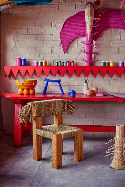 Workshop with red bench and shelf