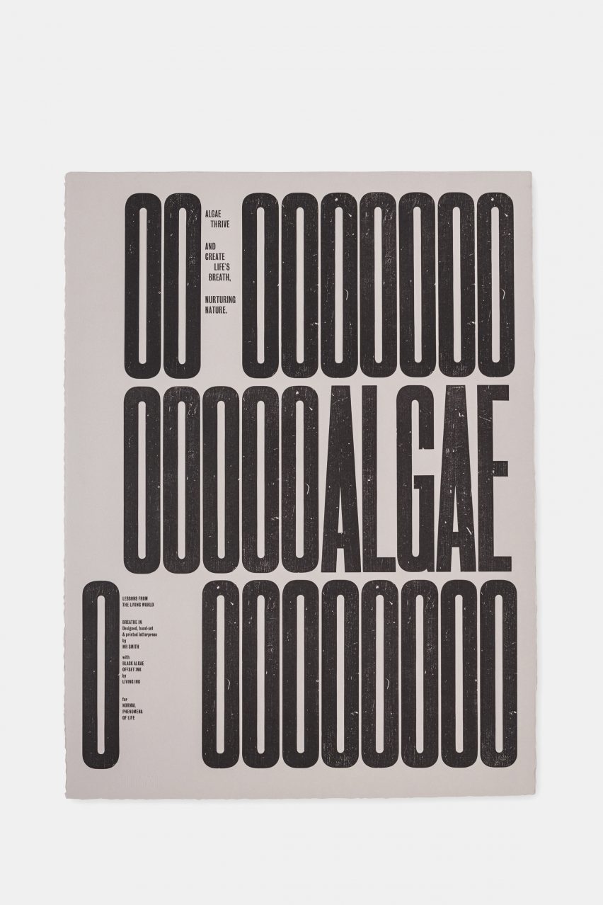 Image of print one in the series Lessons from the Living World: Breathe In Editions, with letterpress letters reading OO OOOOOOOOOOALGAE O OOOOOOO