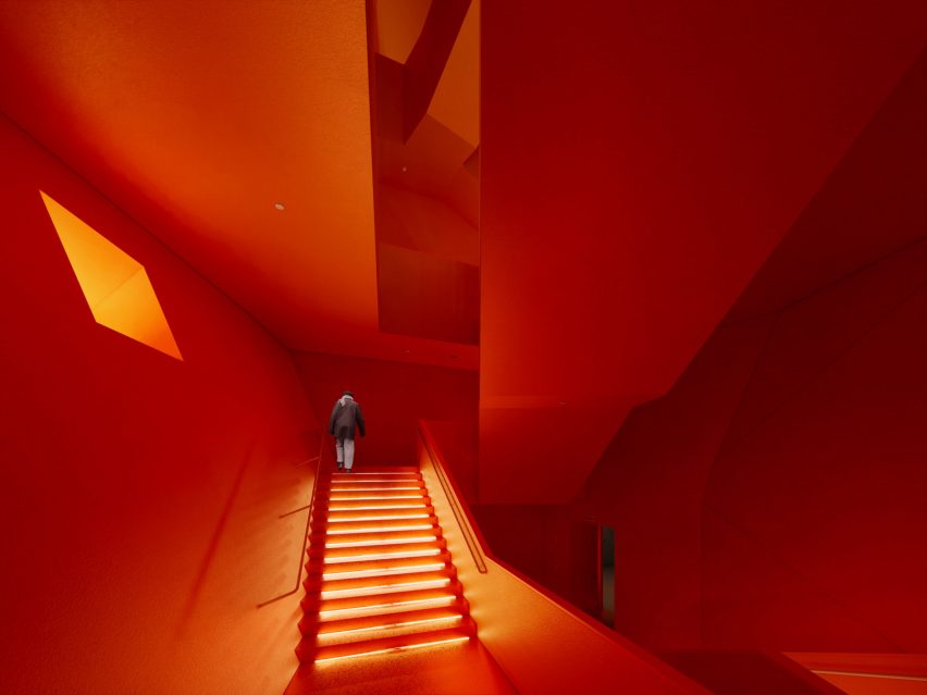 Red stairway at the Space Crystals museum by Open Architecture