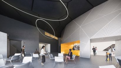 Render of a cafe in the Space Crystals museum
