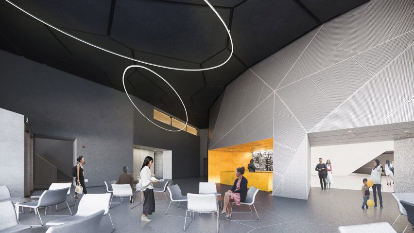 Render of a cafe in the Space Crystals museum