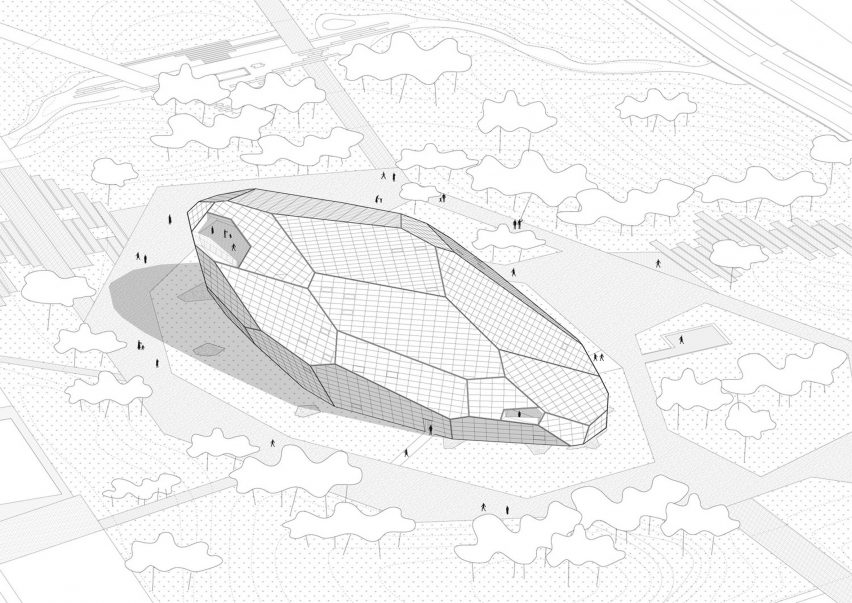Isometric drawing of the Space Crystals museum by Open Architecture