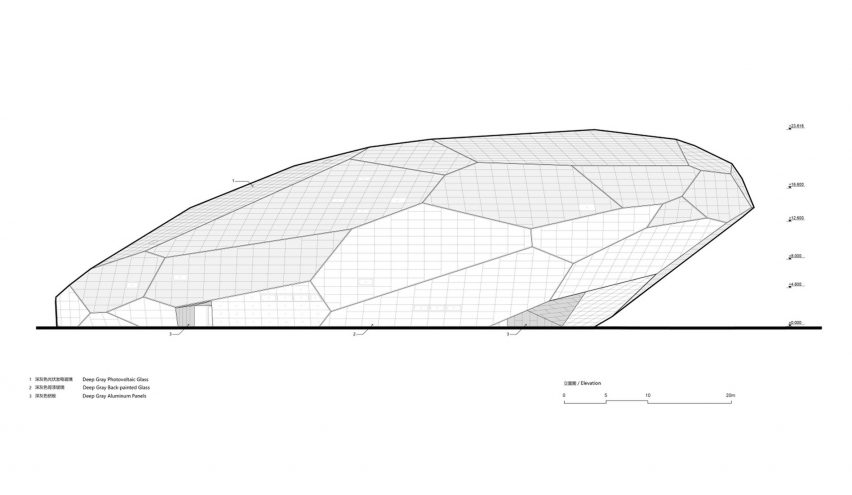 Elevation drawing of the Space Crystals museum by Open Architecture