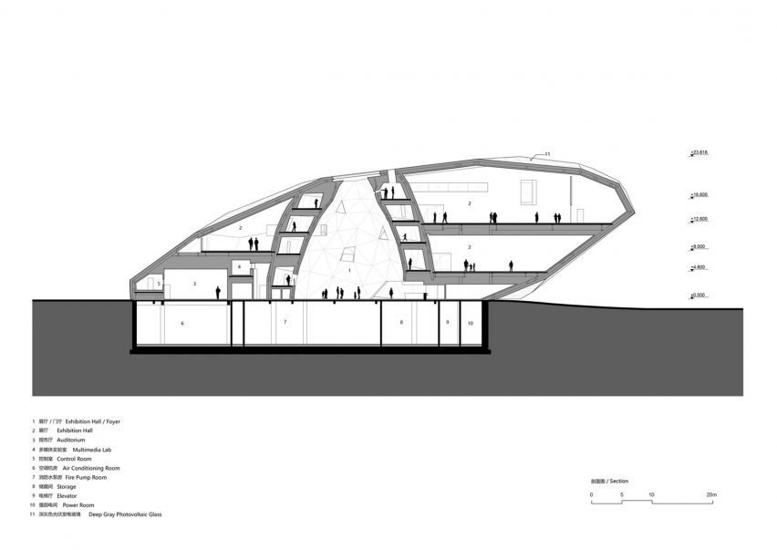 Section drawing of the Space Crystals museum by Open Architecture